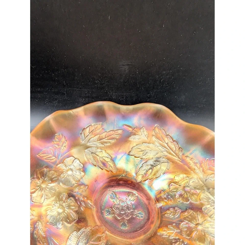 Dugan Dogwood Sprays Marigold‎ Carnival Glass Footed Ruffled Bowl 9